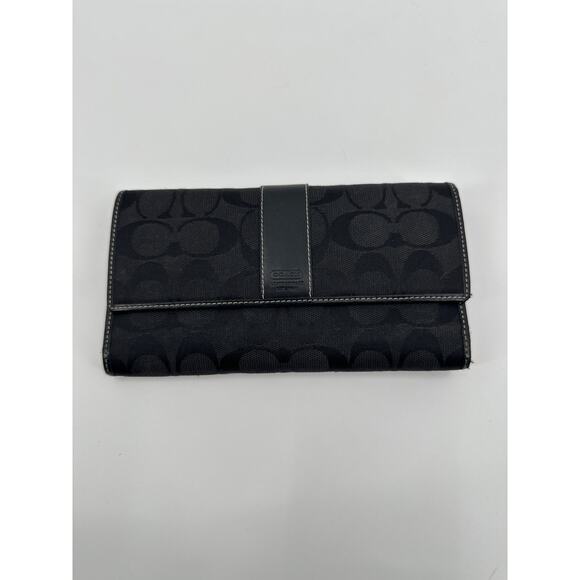 Coach Black Signature Fabric Canvas Leather Wallet 7.5" x 4.5" - Picture 1 of 6